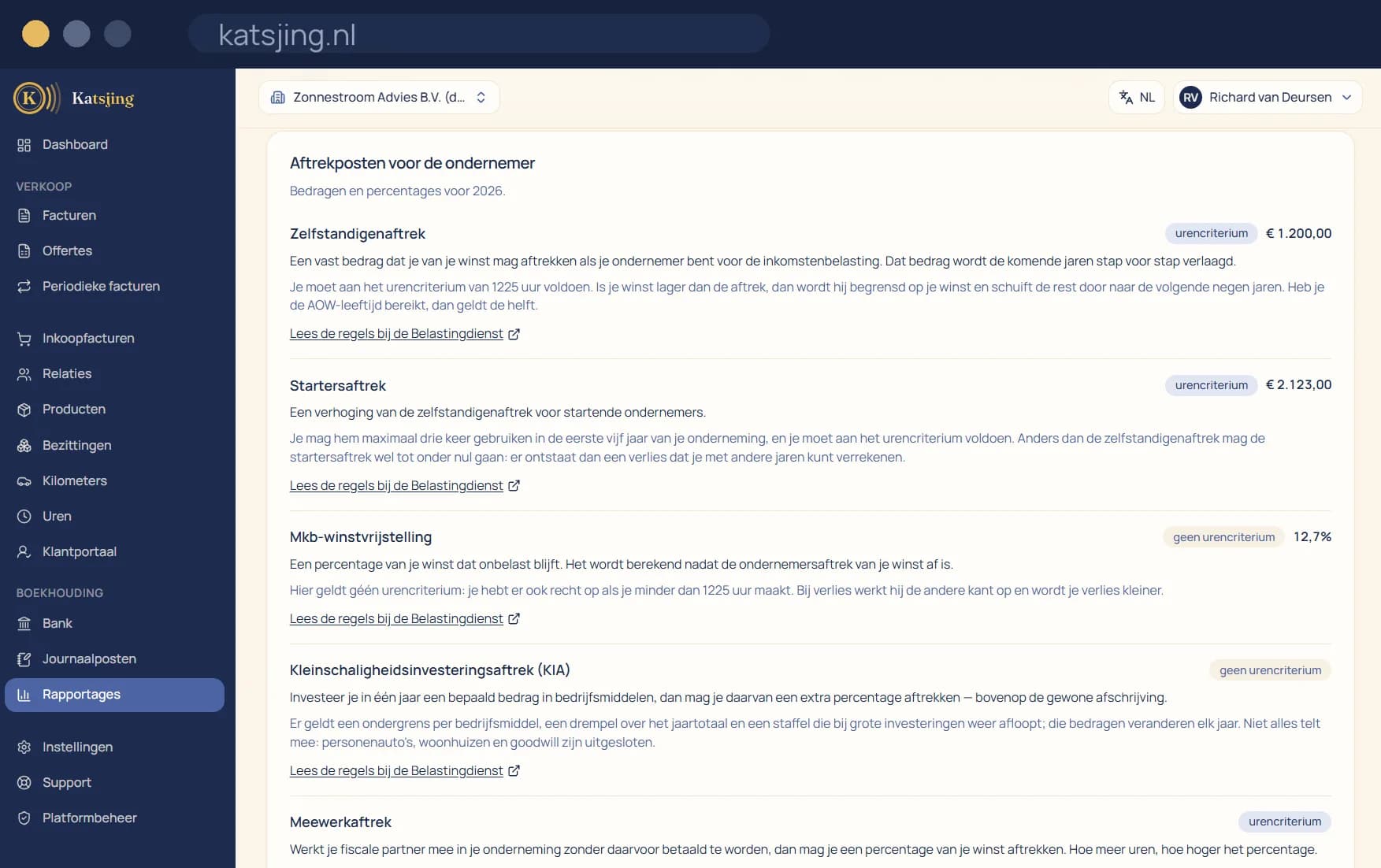 Het overzicht met aftrekposten voor de ondernemer: zelfstandigenaftrek, startersaftrek, mkb-winstvrijstelling en kleinschaligheidsinvesteringsaftrek, elk met het bedrag of percentage van dat jaar, een uitleg en een link naar de Belastingdienst.