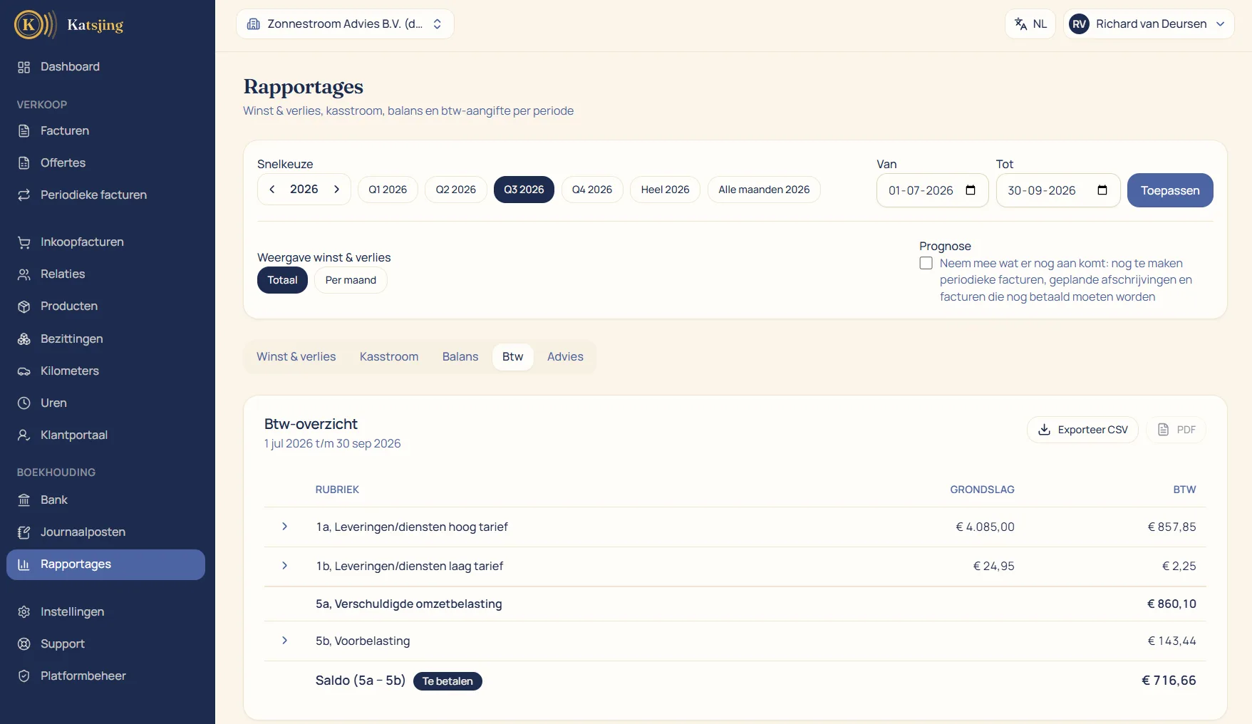 Het btw-overzicht over een kwartaal met de rubrieken 1a, 1b, 5a verschuldigde omzetbelasting en 5b voorbelasting, en onderaan het saldo met een label of het te betalen of terug te ontvangen is.