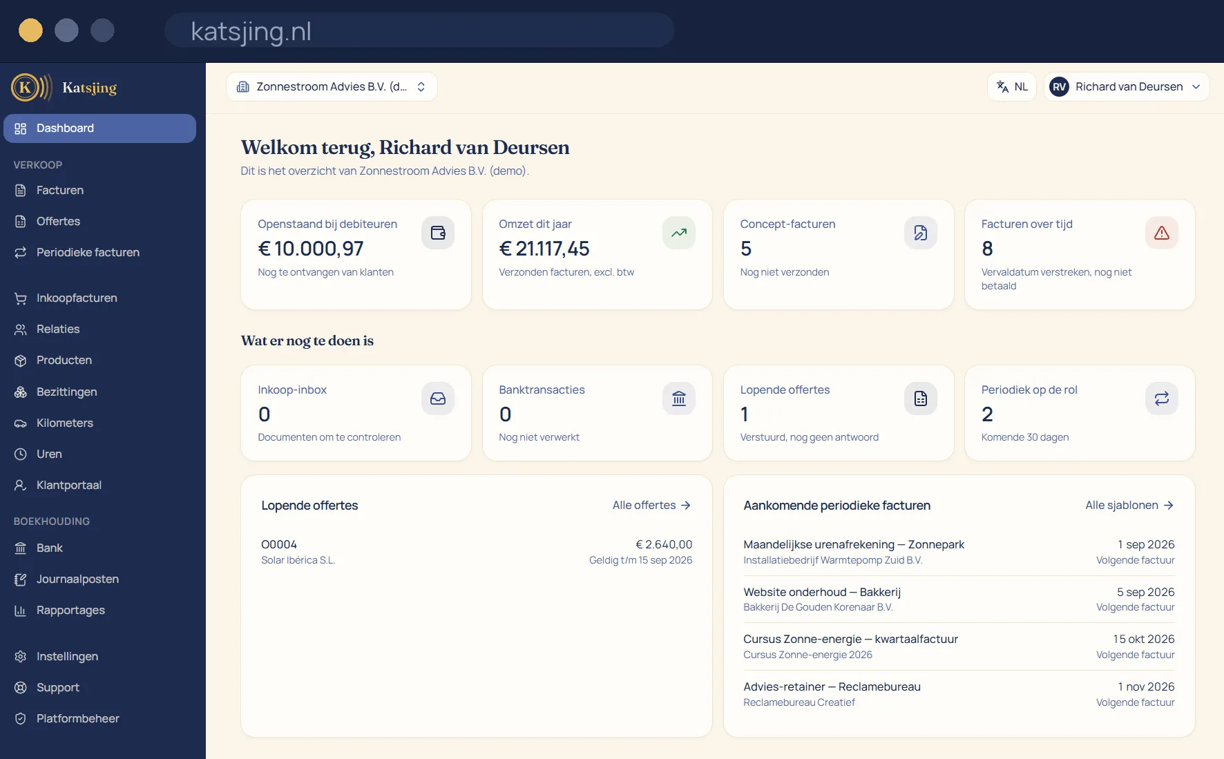 Het dashboard met kaarten voor openstaand bij debiteuren, omzet dit jaar, concept-facturen en facturen over tijd, met daaronder lopende offertes en aankomende periodieke facturen.