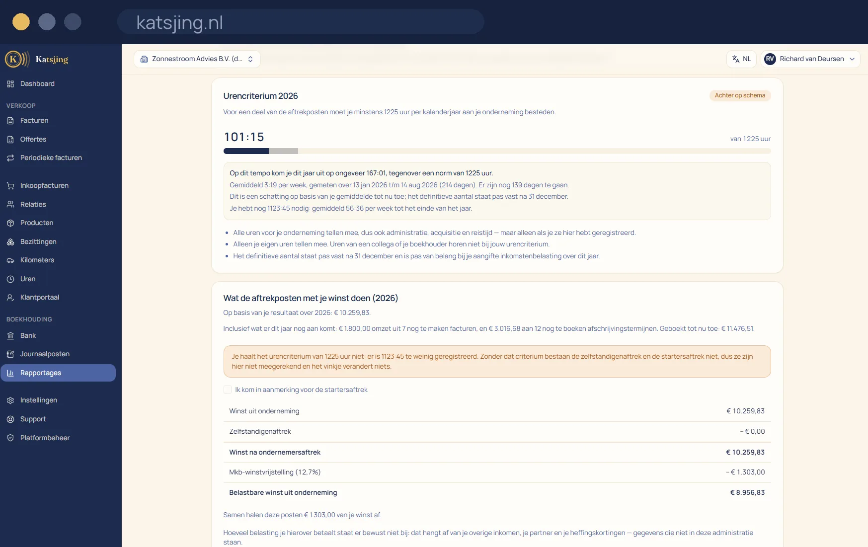 Het urencriterium met de geregistreerde uren tegenover de norm van 1225 uur, een voortgangsbalk, een prognose op basis van het gemiddelde per week en het aantal uur dat nog nodig is.